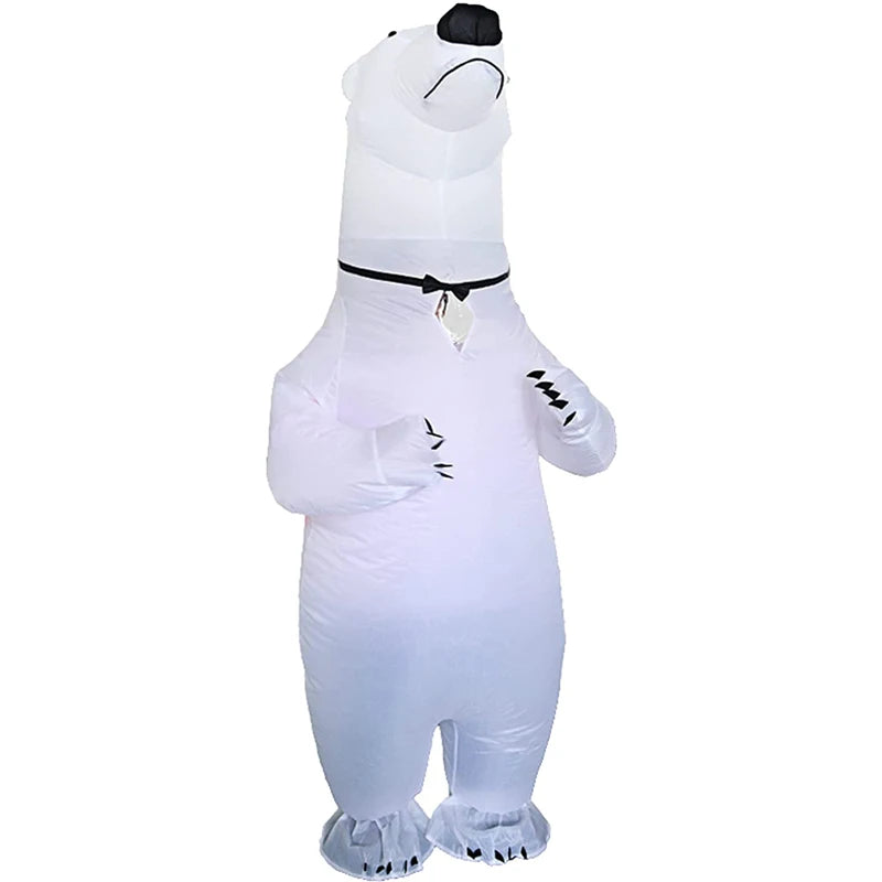 Costume d'ours gonflable pour soirées festives et événements déguisés, homme portant un costume hilarant d'ours avec un look amusant et original.