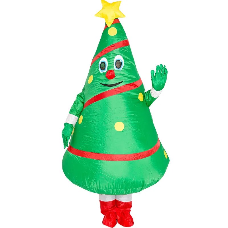 Personne portant un déguisement gonflable de sapin de Noël. Le costume représente un sapin festif avec des ornements, des guirlandes et des étoiles brillantes. La personne à l'intérieur du costume incarne l'esprit des fêtes, ajoutant une touche de magie de Noël à l'événement. Ce déguisement est idéal pour les célébrations de Noël, les parades, les fêtes de bureau et toute occasion festive de la saison des fêtes.