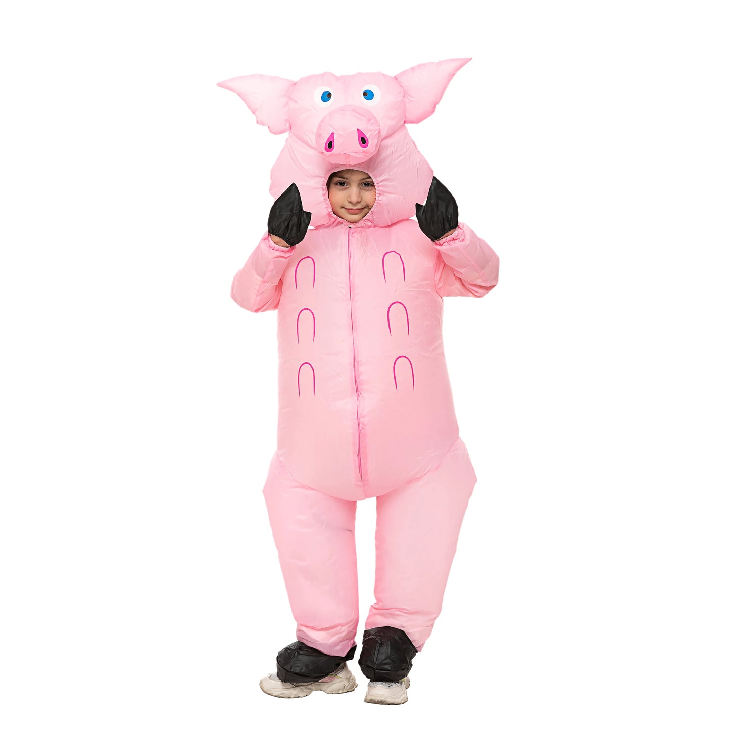 Enfant portant un déguisement gonflable de cochon. Le costume représente un cochon rose avec des oreilles, un museau et une queue caractéristiques. L'enfant à l'intérieur du costume incarne un cochon espiègle, ajoutant une touche de comédie et d'humour à l'événement.