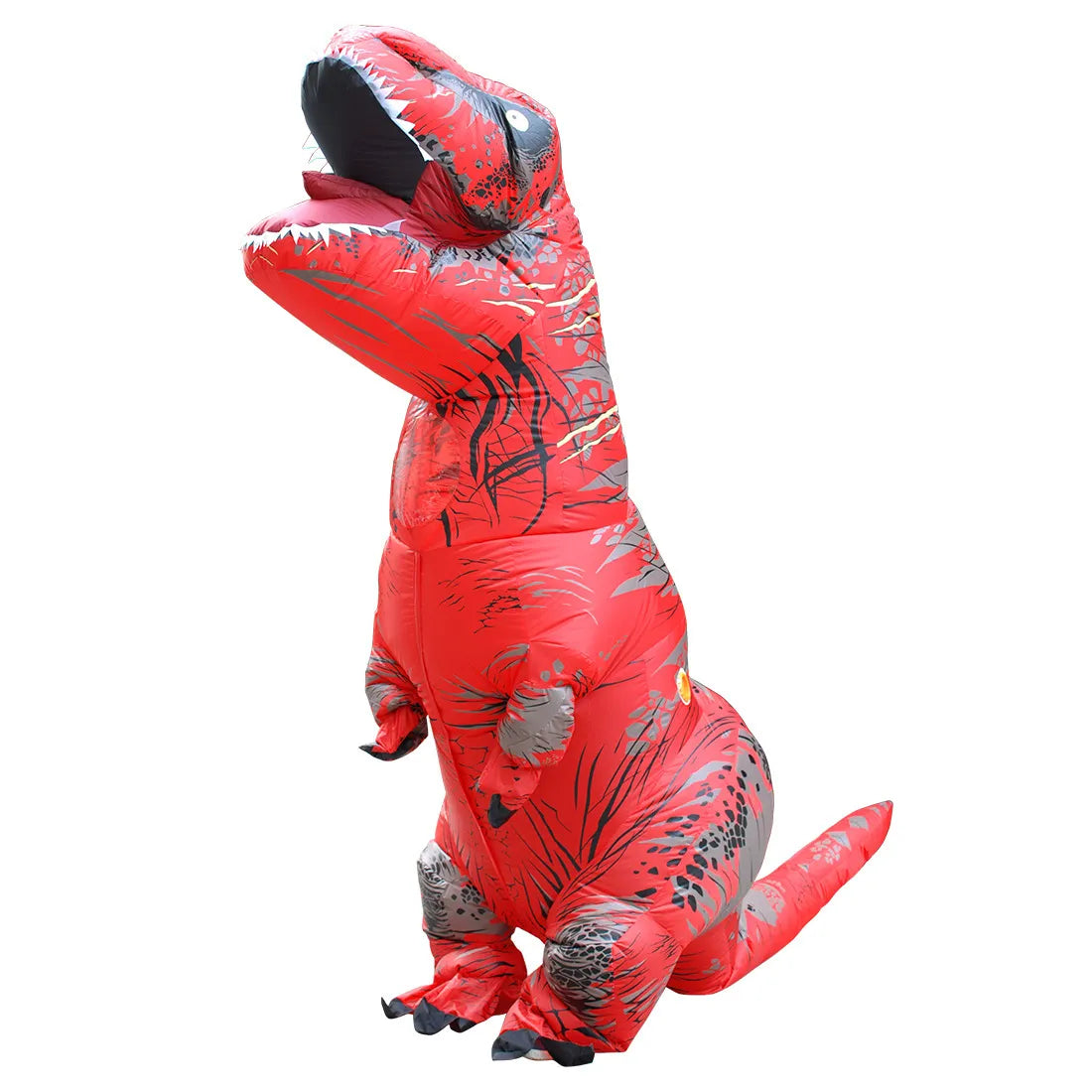 Enfant portant un déguisement gonflable de dinosaure rouge. Le costume représente un dinosaure avec une teinte rouge vibrante. L'enfant à l'intérieur du costume incarne un dinosaure préhistorique, ajoutant une touche de passion et d'excitation à l'événement.