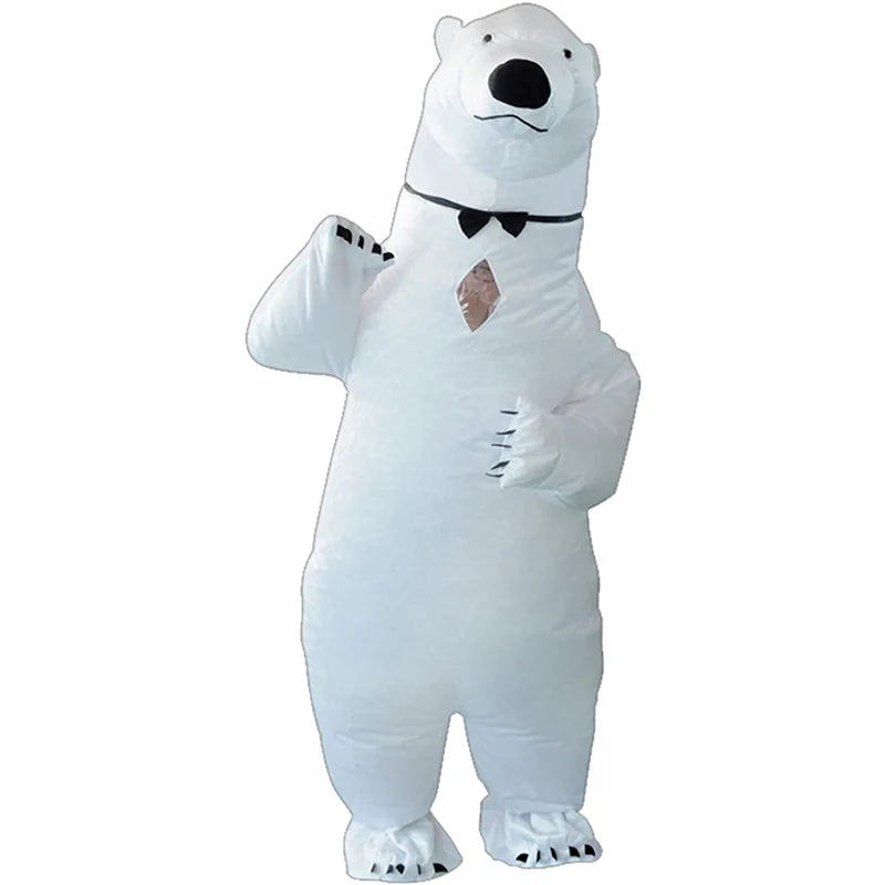Costume d'ours gonflable pour soirées festives et événements déguisés, homme portant un costume hilarant d'ours avec un look amusant et original.